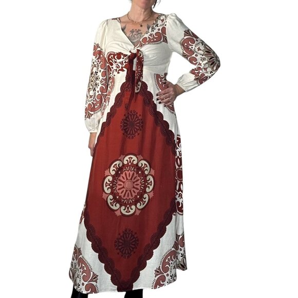 Marfinno Linen Medallion Maxi Dress Long Sleeve Cream Orange Medium - Picture 1 of 16